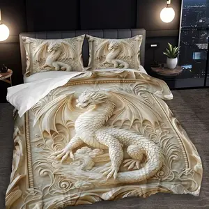3pcs Dragon Totem Decorative Bedroom Bedding Set (1 Fitted Sheet + 2 Pillowcases), High-Definition Digital Print, Polyester Fabric