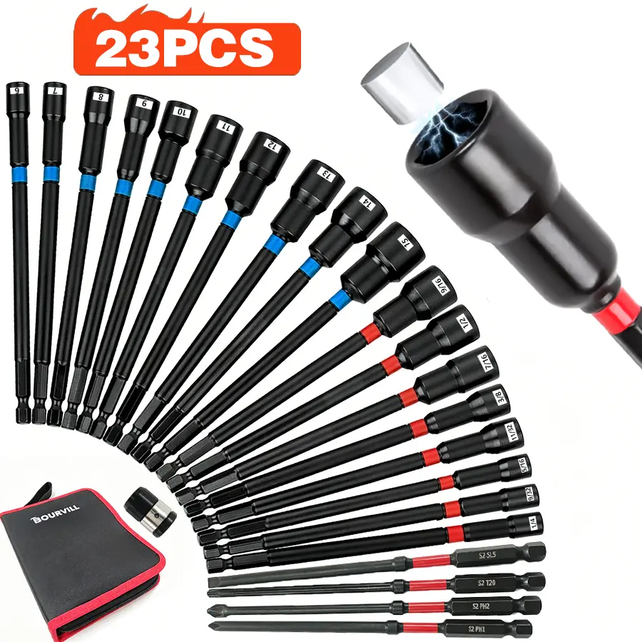 20Pcs & 23Pcs Extra Long Magnetic Nut Driver Bit Set, 1/4 Inch Hex Shank, Metric & SAE Dual Sizes, CR-V Steel Impact Grade Long Socket Drill Bits Ki