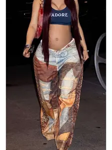 Plus Size Women's Patchwork Button - zipper Pocket Wide - leg Long Pants. Made of Denim - like Fabric, with Printing Techniques, These Pants Exude a Strong Street - style Trend.