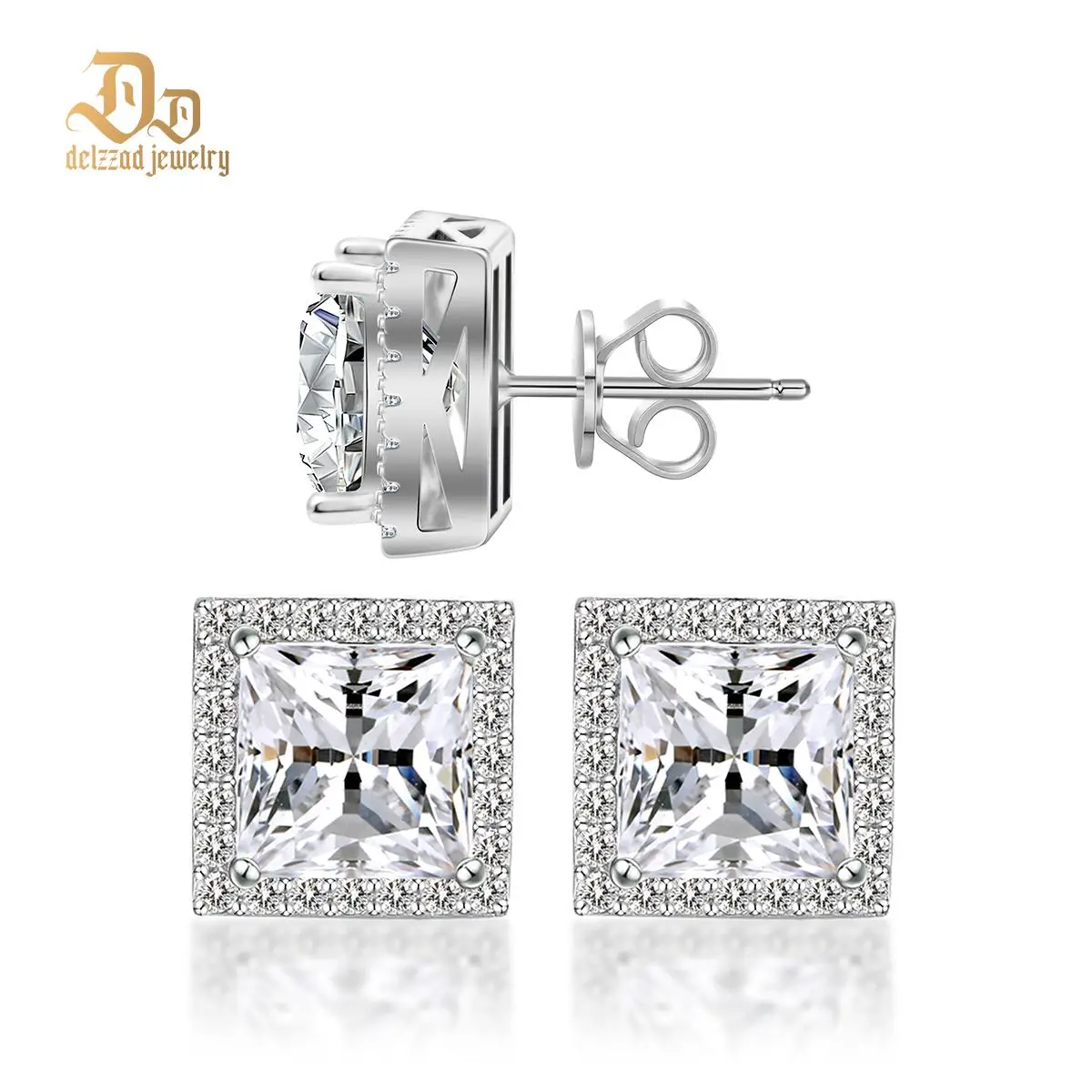 Delzzad 14K Gold-Plated Princess Halo Stud Earrings Lab-Created Moissanite Stud Earring S925 Sterling Silver Moissanite Jewelry Perfect Birthday Mother’s Day Christmas Gift for Men Women Wedding Set