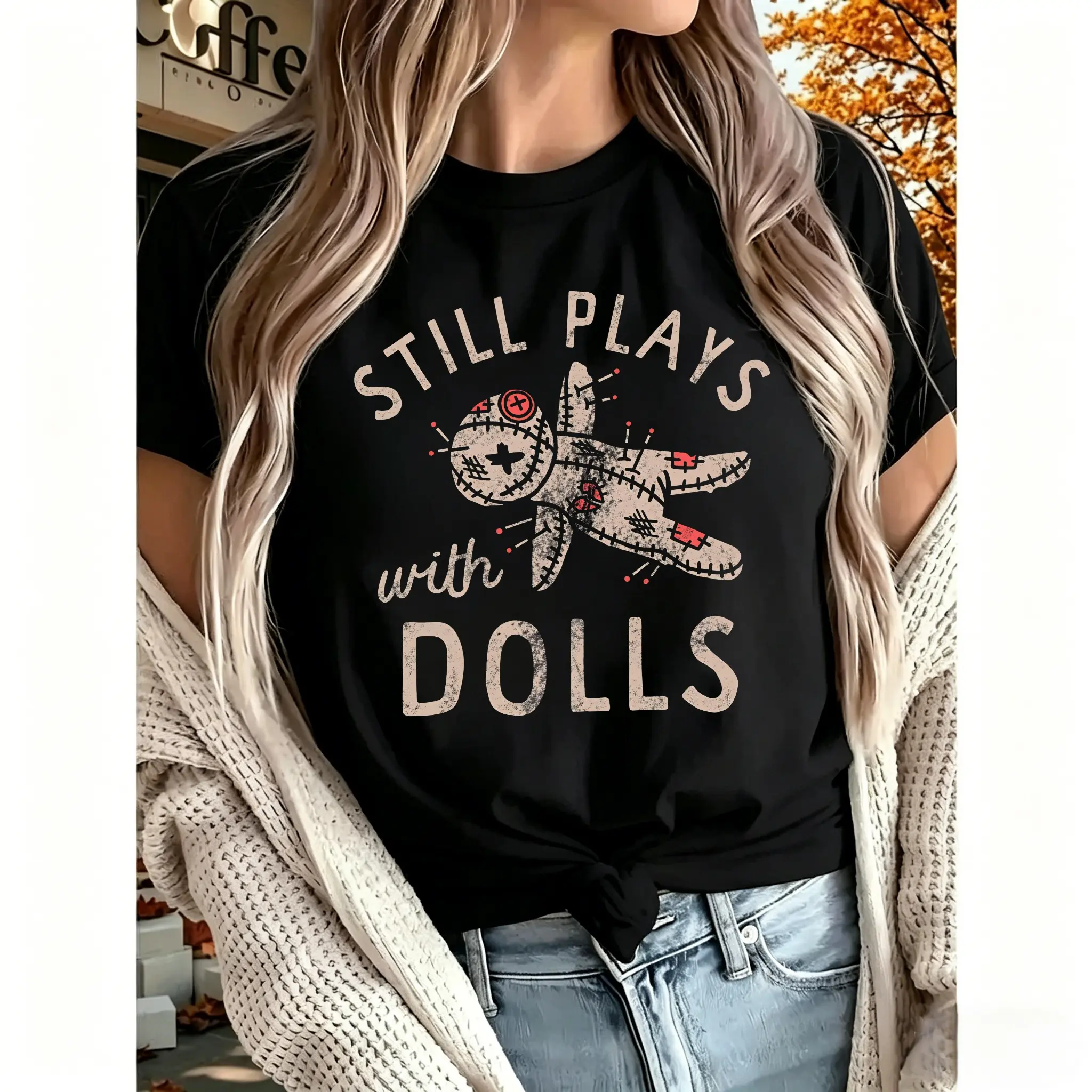 Still Plays With Dolls Vintage Distressed Voodoo Doll Graphic T-Shirt, Retro Spooky Halloween Gothic Tee, Dark Occult Creepy Apparel, Unisex Cotton Shirt Gift For Horror Witchy Fans Men Women LK00169TD