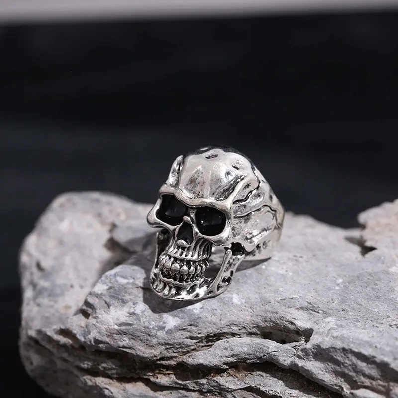 Bold Cracked Skull Stainless Steel Unisex Costume Jewelry Ring - Artificial Gemstone, Exquisite Craftsmanship, Multi-Size, Punk Biker Style, Daily/Casual/Party Wear Finger Ring for Adults