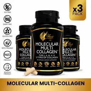 3 Bottles of Coco March N.M.D Molecular Multi-Collagen Dietary Supplement, Skin, Nail and Joint Health Boosting Wellness Supplement for Adults Edible
