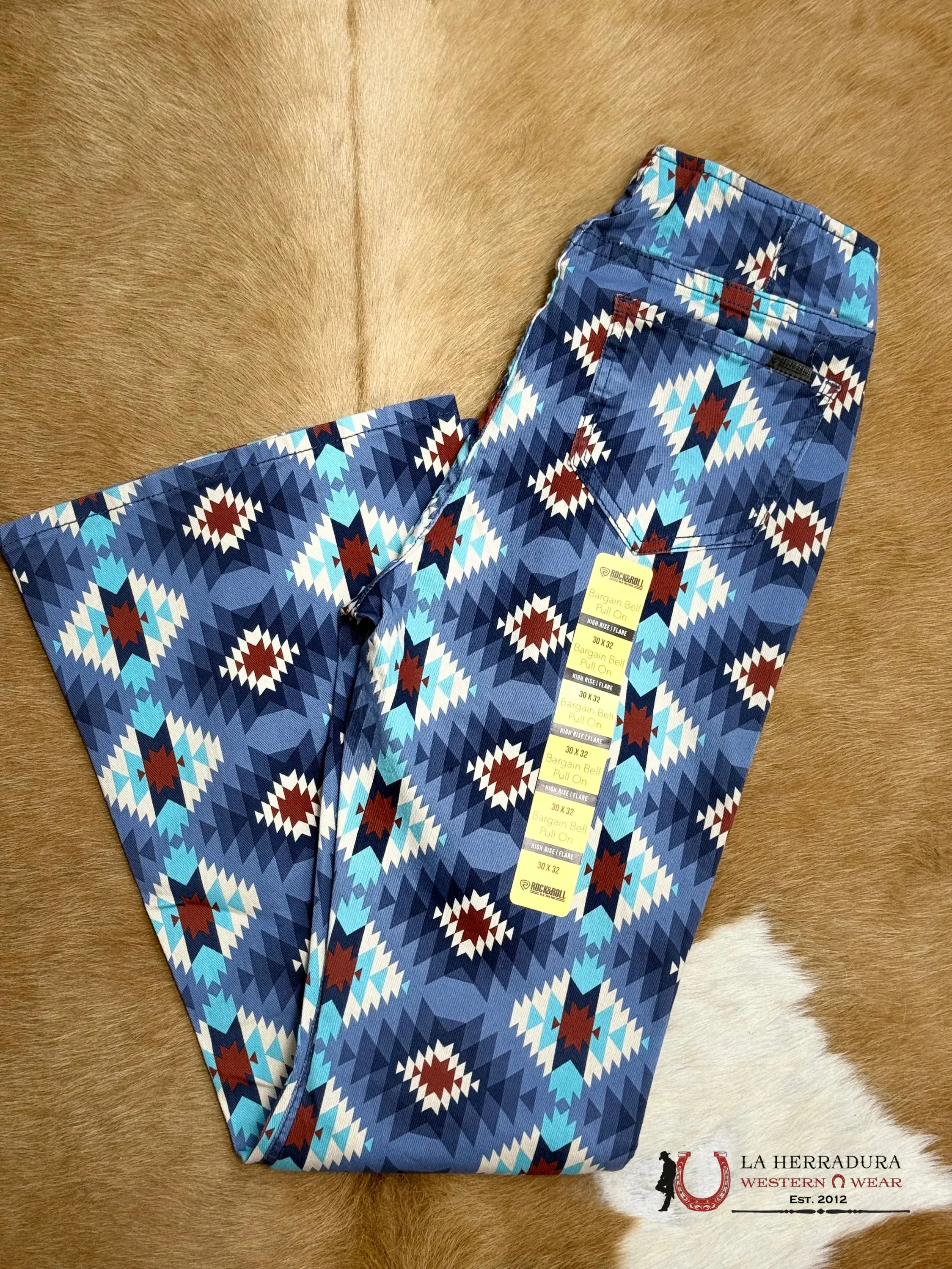 Women's Vintage Aztec Print Jeans, Navy Blue Pull-On Bell-Bottoms with a Flattering Fit and Button Details, Classic