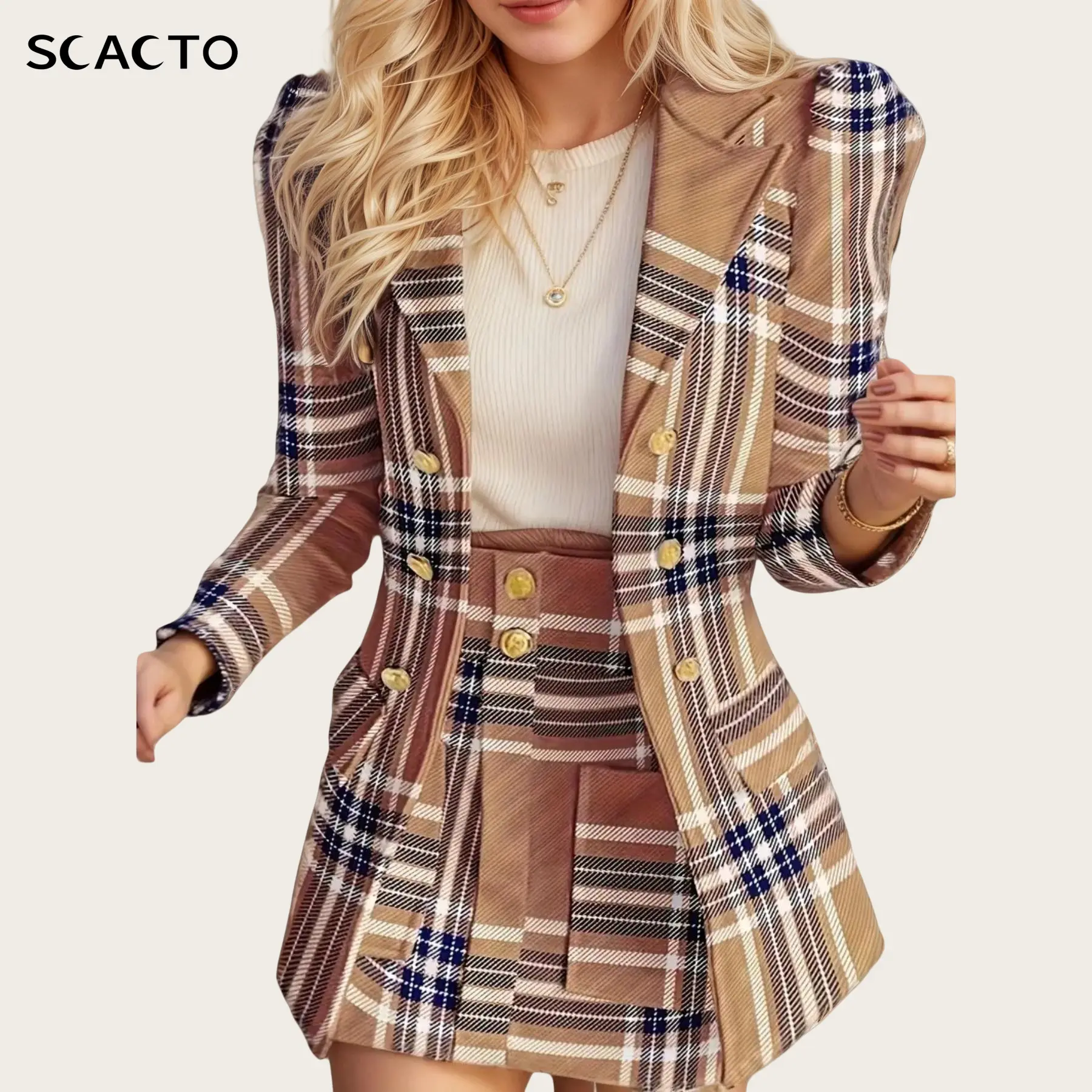 Scacto Women's Preppy Classic Plaid 2-Piece Suit Set, Double Breasted Business Blazer and Skirt with Pockets, Long Sleeve Spandex Blend