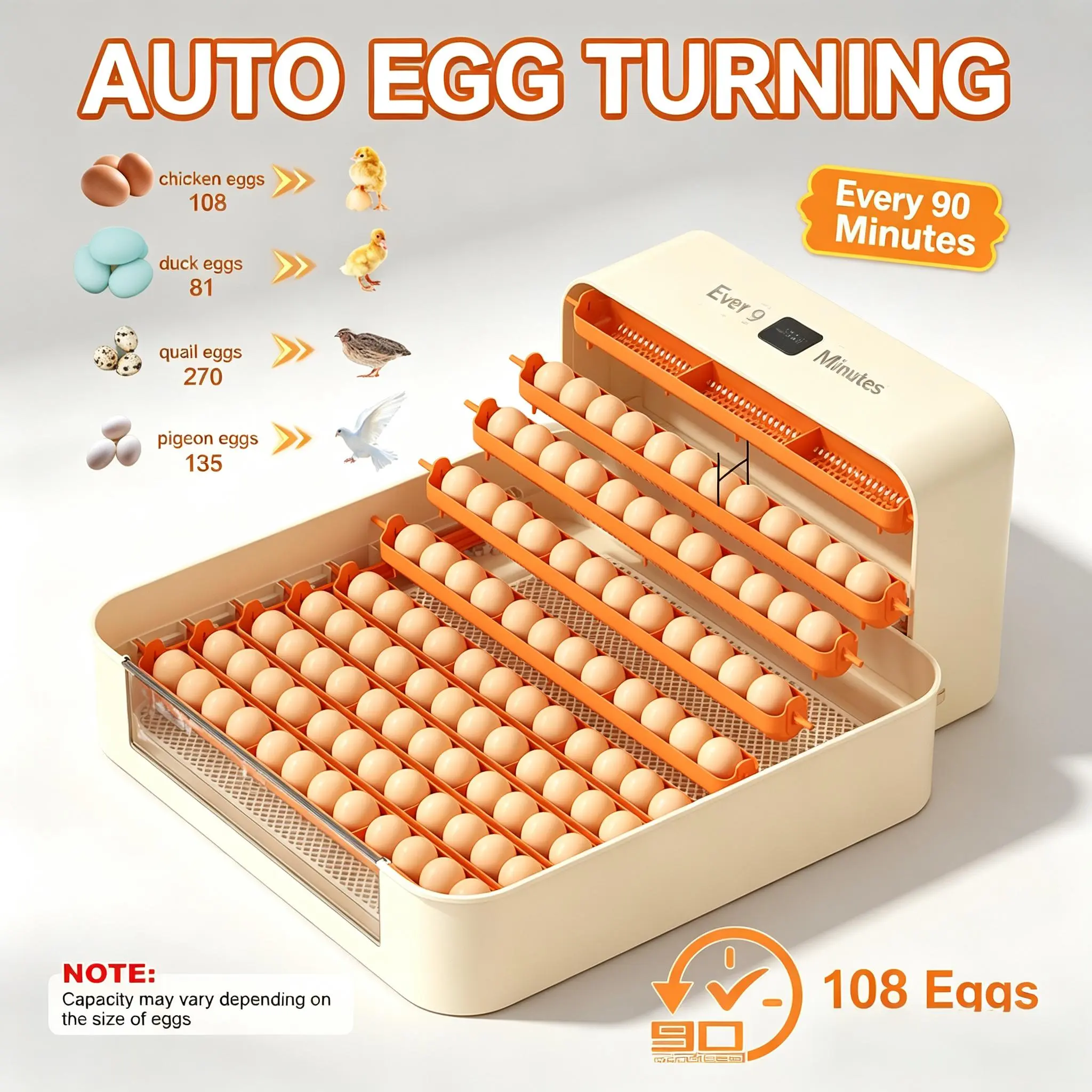 108-Egg Smart Poultry Incubator, Large Capacity Hatching Tool with 5 Preset Modes, Custom Temperature & Humidity Settings, Built-in Egg Candler (Farm Animal & Pet Supplies)