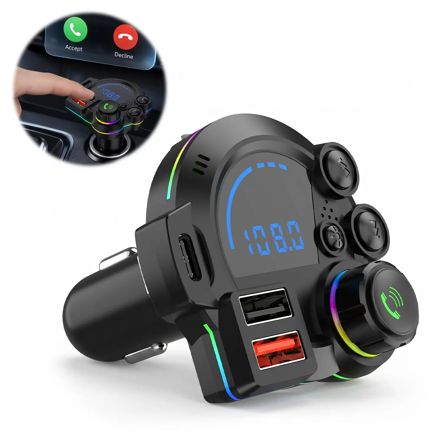 PD 30W Type-C Car Charger & Bluetooth 5.3 FM Transmitter, ‌Premium Wireless FM Transmitter with QC3.0 + PD20W Fast Charge – BT V5.3 for Superior Audio and Hands-Free Calling