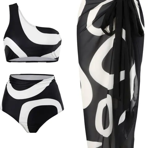 Women's Abstract Graphic One Shoulder Swim Top & Ruched Swim Bottom & Knot Cover Up Skirt Bikini Sets, Ladies Swimwear for Beach Holiday Vacation, Ruched Bikini Bottoms One Shoulder Swimsuit Summer Swimsuit Set