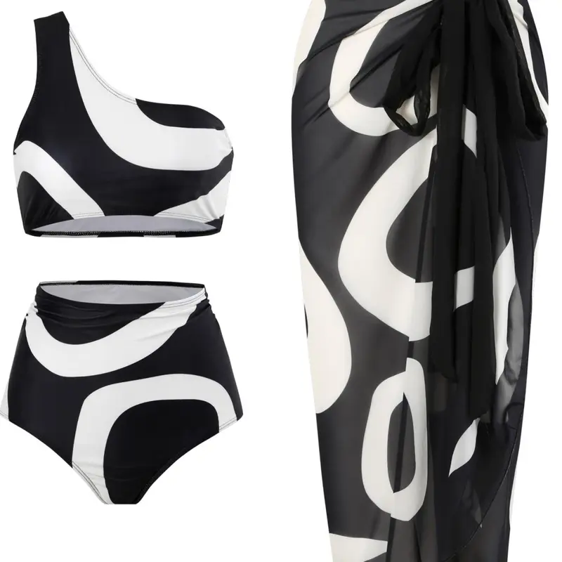 Women's Abstract Graphic One Shoulder Swim Top & Ruched Swim Bottom & Knot Cover Up Skirt Bikini Sets, Ladies Swimwear for Beach Holiday Vacation, Ruched Bikini Bottoms One Shoulder Swimsuit Summer Swimsuit Set
