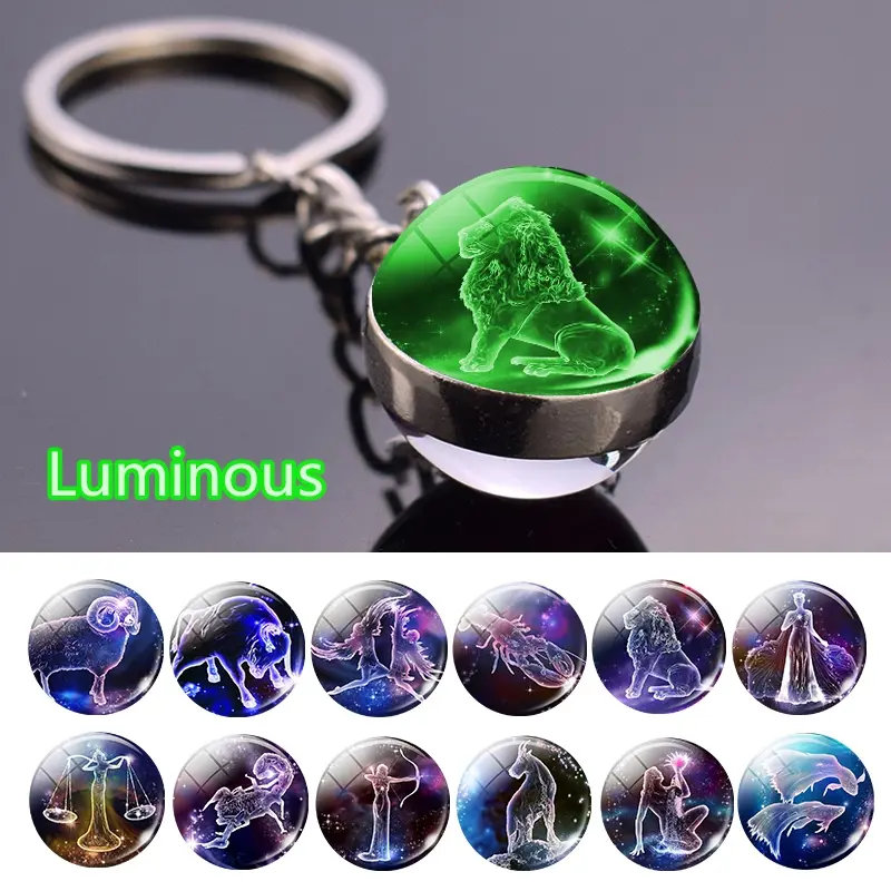 12 Zodiac Signs Glass Ball Pendant Keychain, Fashion Costume Jewelry Ball Keychain Accessory, Ball Keychain Keychains