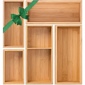 Bamboo Drawer Organizer 5 Pcs Multi-purpose Storage Dividers for Kitchen, Office, Jewelry, Cosmetics, Wooden Drawer Dividers for Drawer and Desk Organization, Great Gift Idea for Women