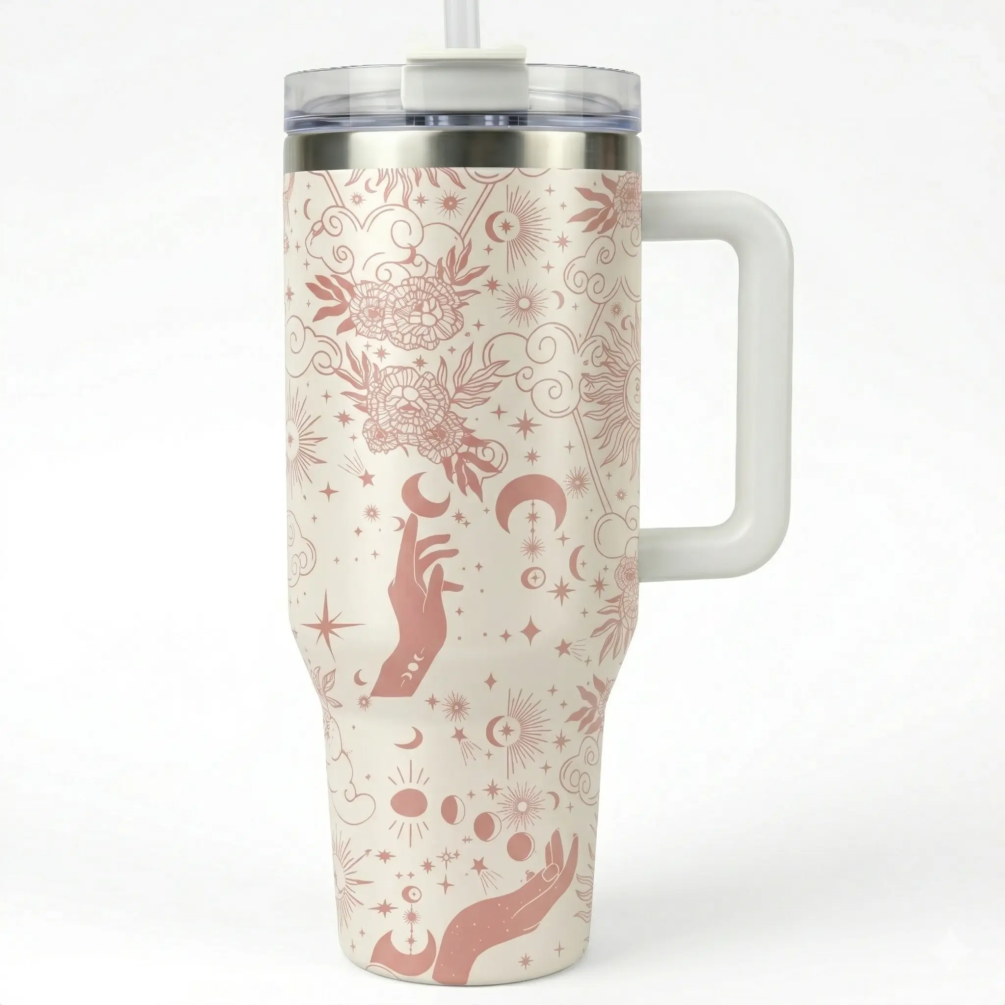 1pc 40oz Double-Wall Insulated Stainless Steel Vacuum Flask, Industrial Sturdy Water Bottle with Handle-Lid, Watercolour Stripes-Celestial Moon Sun Line Art-Polka Dot Design, for Hot/Cold Drinks, Ideal for Car-Valentine's Day Use