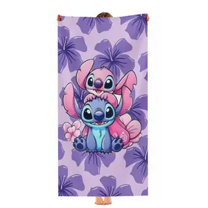 Disney Stitch Couple's Beach Towel Pink Design with Stitch & Angel Characters for Summer Fun Purple Floral Pattern