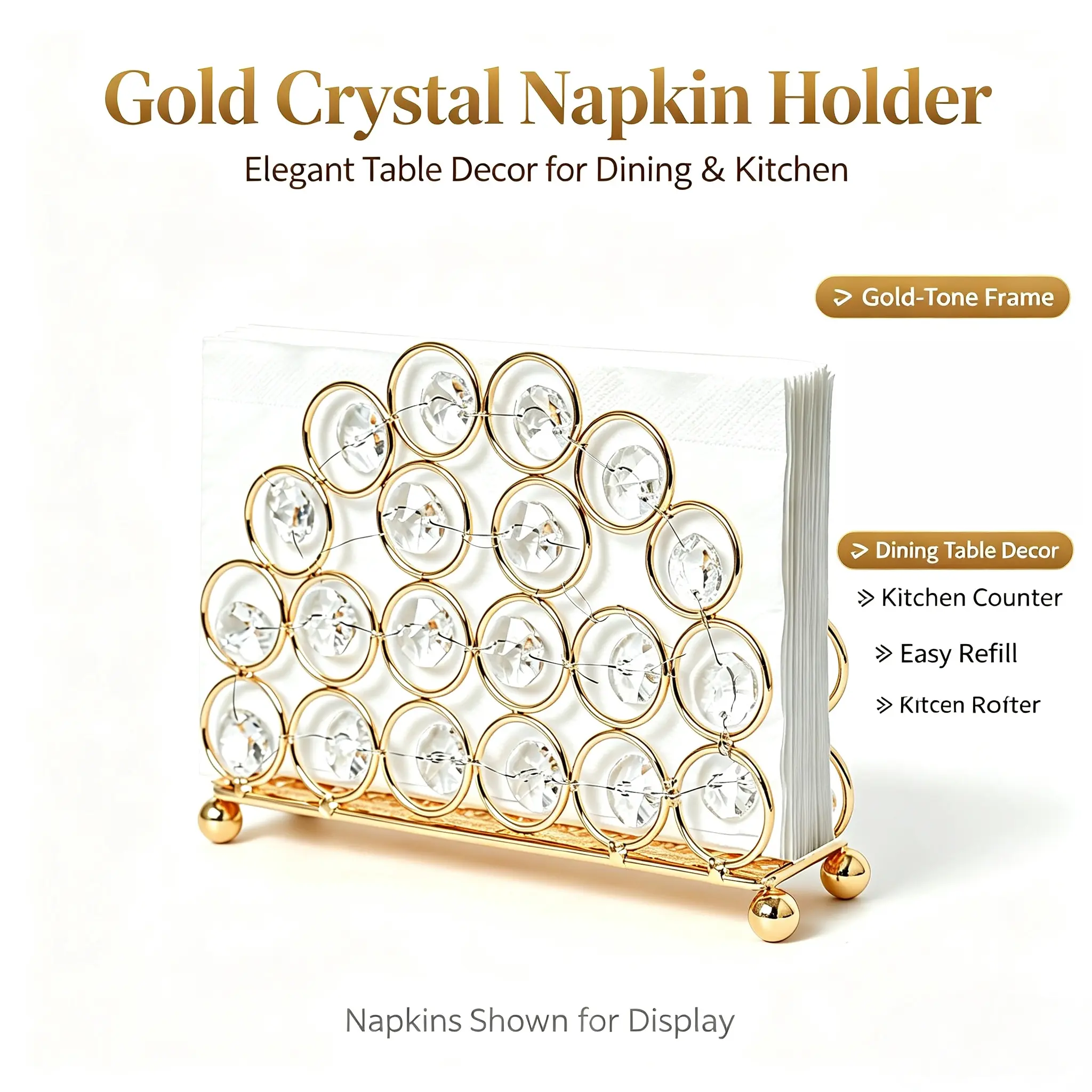 Iron & Crystal Metal Napkin Holder - 1 Pc Party Design, Gold-Silver Options, Vertical Storage, 2.2x1.7 inches Modern Kitchen Table Organizer for Tissue & Card