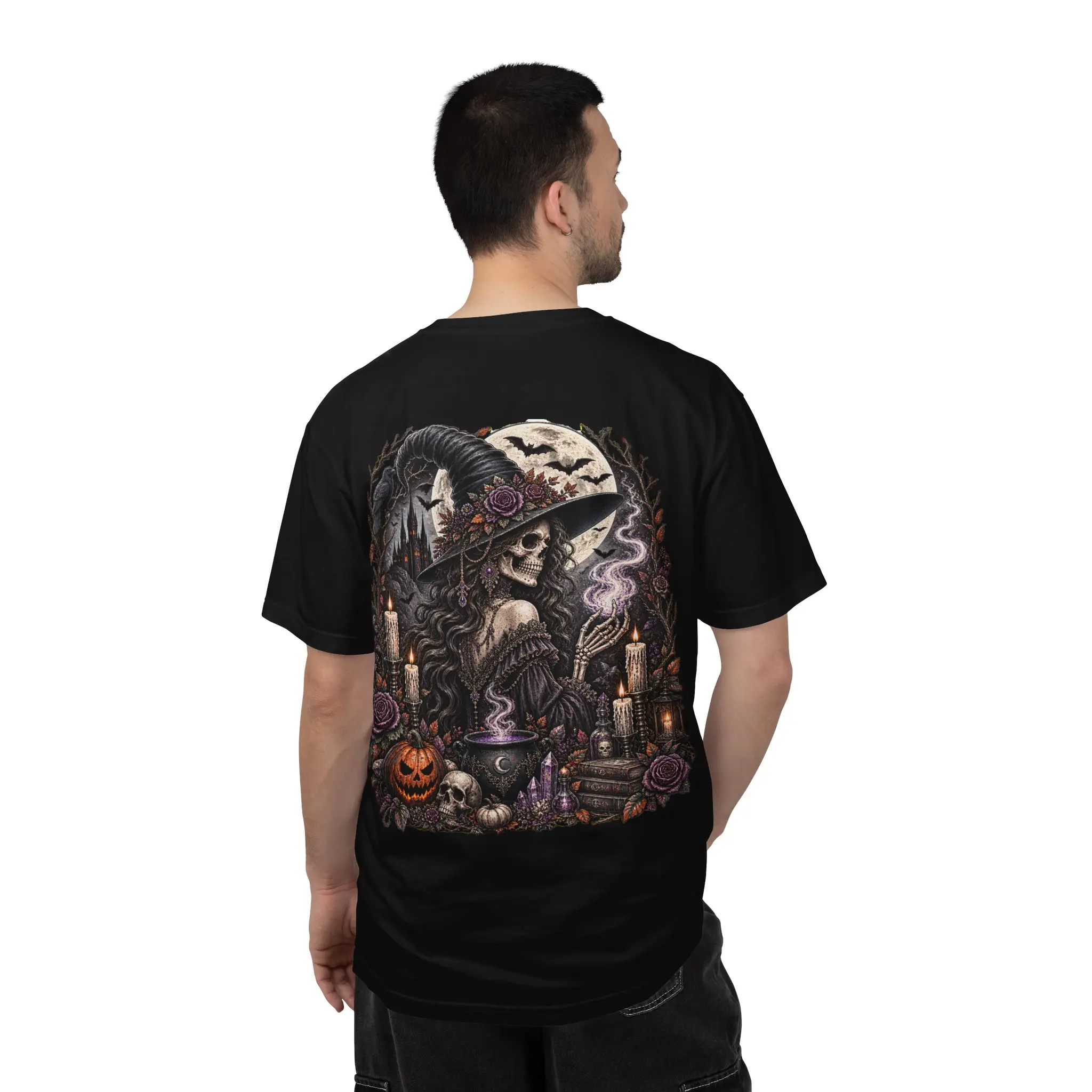 Witch Skull Moonback T-shirt | Gothic Halloween witchcraft artwork Cotton Fabric