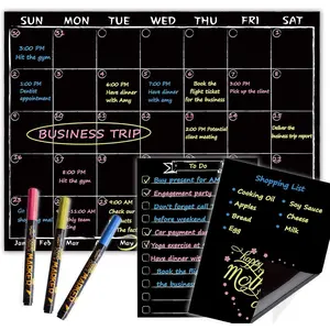 Magnetic Chalkboard Monthly Calendar with neon Bright Liquid Chalk Markers – Black Refrigerator Monthly Planning Board w/Bonus - Grocery List and Notepad for Kitchen Refrigerator