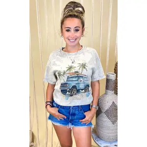 Tees2urdoor Women's Basic Cotton Graphic Round Neck T-Shirt - Casual Fitted Mineral Washed Bronco Palm Tree Beachy Women's Top, Comfortable Crew Neck Tee, Beachy Women's T-Shirts