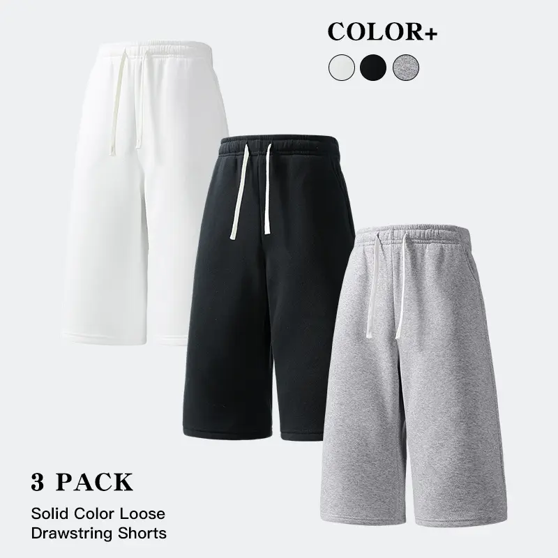 3 Pack Unisex Knee‑Length Capri Sweat Shorts Elastic Drawstring Wide Leg Cropped Lounge Shorts with Deep Pockets for Gym Jogging Home Daily Street Wear