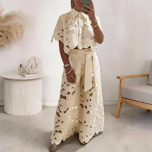 Women's Sexy Lace 2 Piece Outfit Set - Floral Button Top & Wide Leg Pants, Elegant Embroidery Hollow Lace Suit with Belt, Casual & Special Occasion Wear