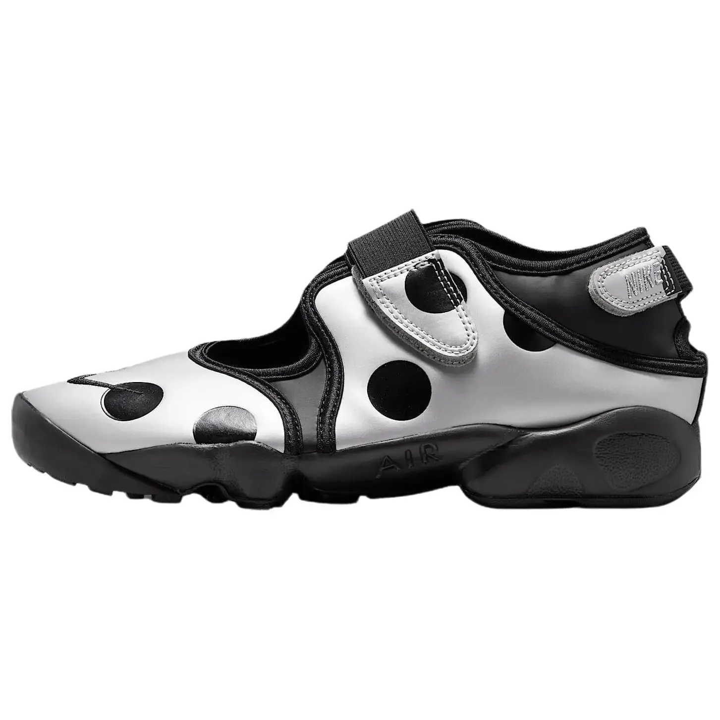 Women's NIKE Air Rift Polka Dot Split-Toe Sneaker - Black Metallic Silver, Bold Dot Look, Sporty Chic Design, Lightweight Cushioning, Adjustable Velcro Strips, Breathable Fit, for Casual Wear