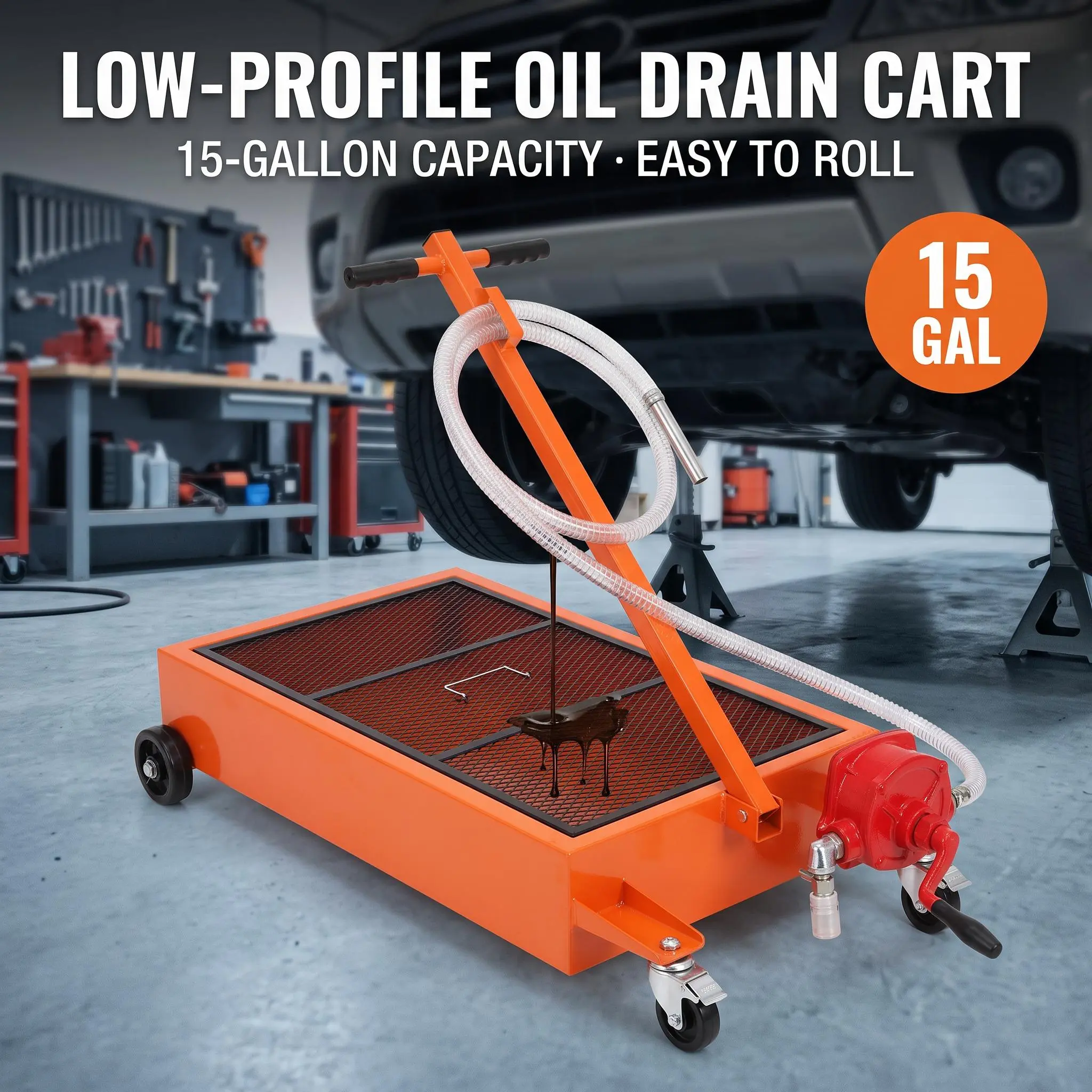 GARVEE Oil Drain Pan-20/15 Gallon with Pump Low Profile Oil pan (Electric/Manual Options),Heavy Duty Portable Waste Fluid Drain Tub with 8ft Hose & Folding Handle for Trucks, SUVs, Cars,car accessories,toolupgrade