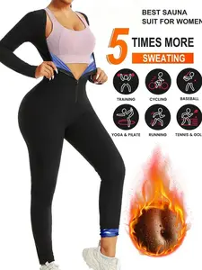 Women's Long Sleeve Sweat Suit, Front Zip Waist Trainer, Fat Burning Workout Clothes, Yoga & Running Apparel, Slimming Fitness Pants, Yoga Activewear