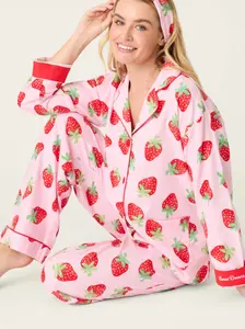 Sweet Dreams Strawberry Print Flannel PJ Set Pajamas gift for mom wife cute fashion