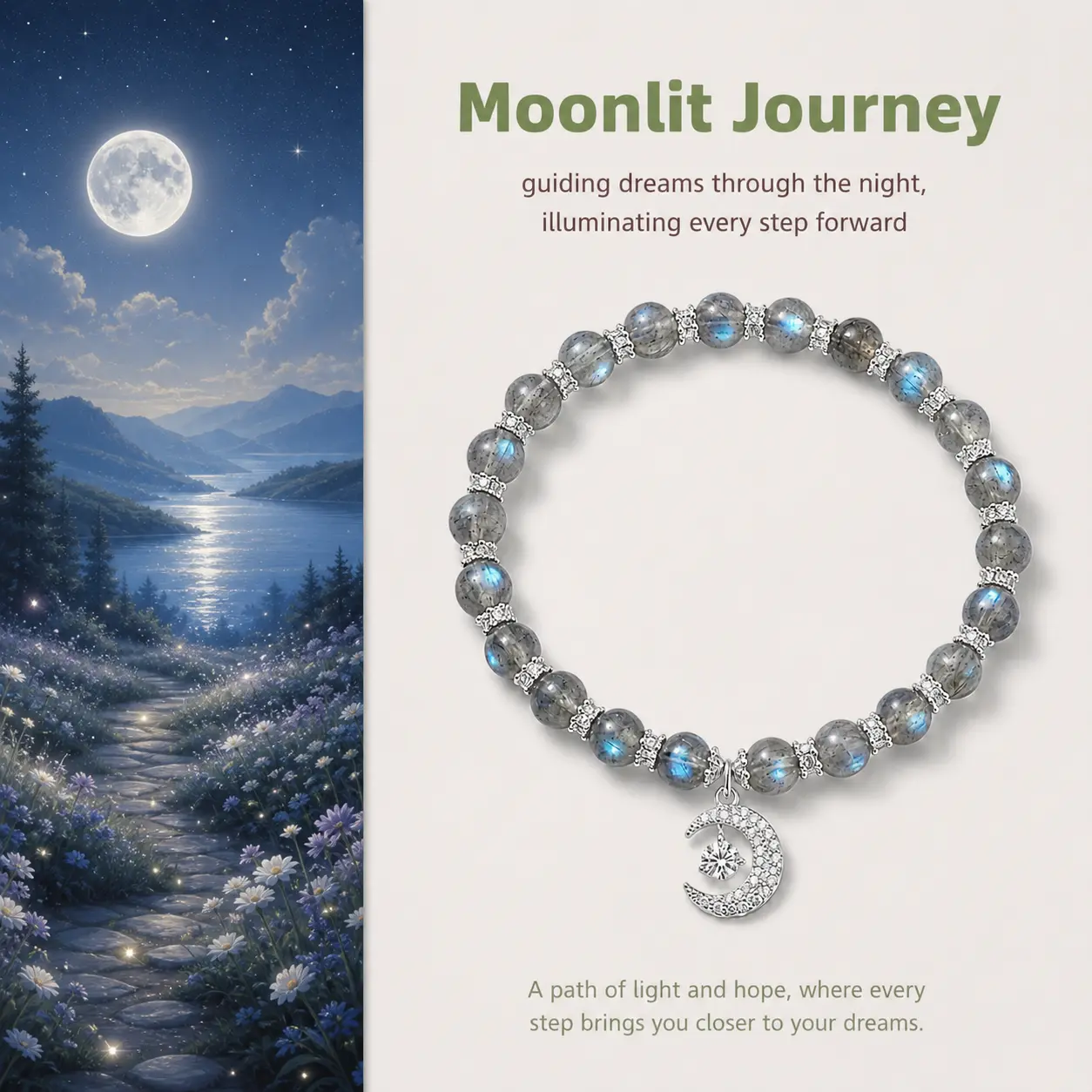 [Moonlit Journey] crystal bracelet, grey moonstone, unisex daily gift, 10mm beads, balance peace symbol