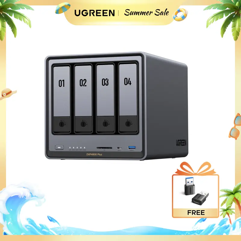 UGREEN NASync DXP4800 Plus 4-Bay Desktop NAS, Intel Pentium Gold 8505 5-Core CPU, 8GB DDR5 RAM, 128G SSD, 1*10GbE, 1*2.5GbE, 2*M.2 NVMe Slots Diskless,Summer Sale