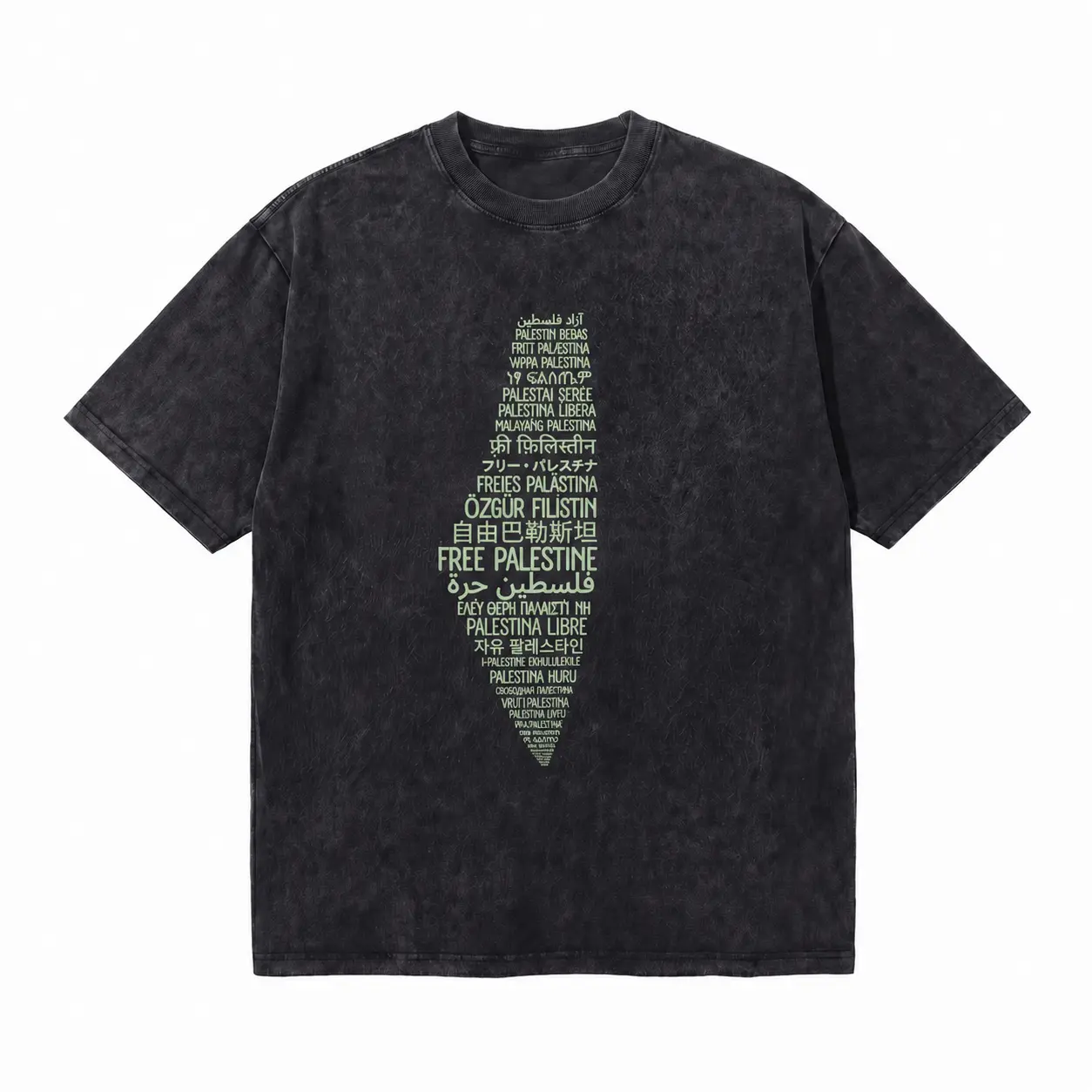 LAWLESSROW Multilingual Free Palestine Vertical Text Vintage Acid Wash Tee