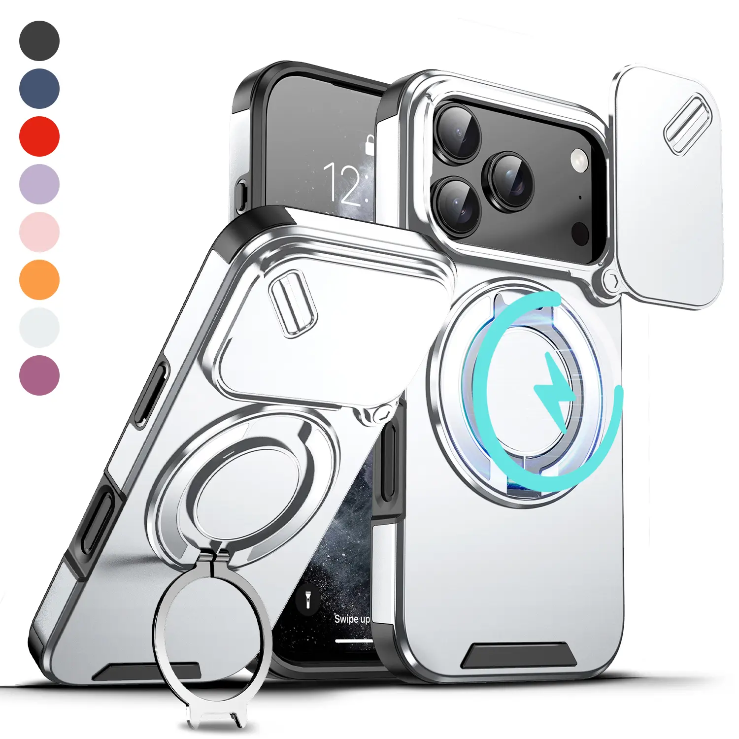 Case for iPhone 17 Pro Max 16 15 14 13 Pro Max with Slide Camera Case, Rotated Ring Kickstand Holder Military Grade Shockproof Protective Cover