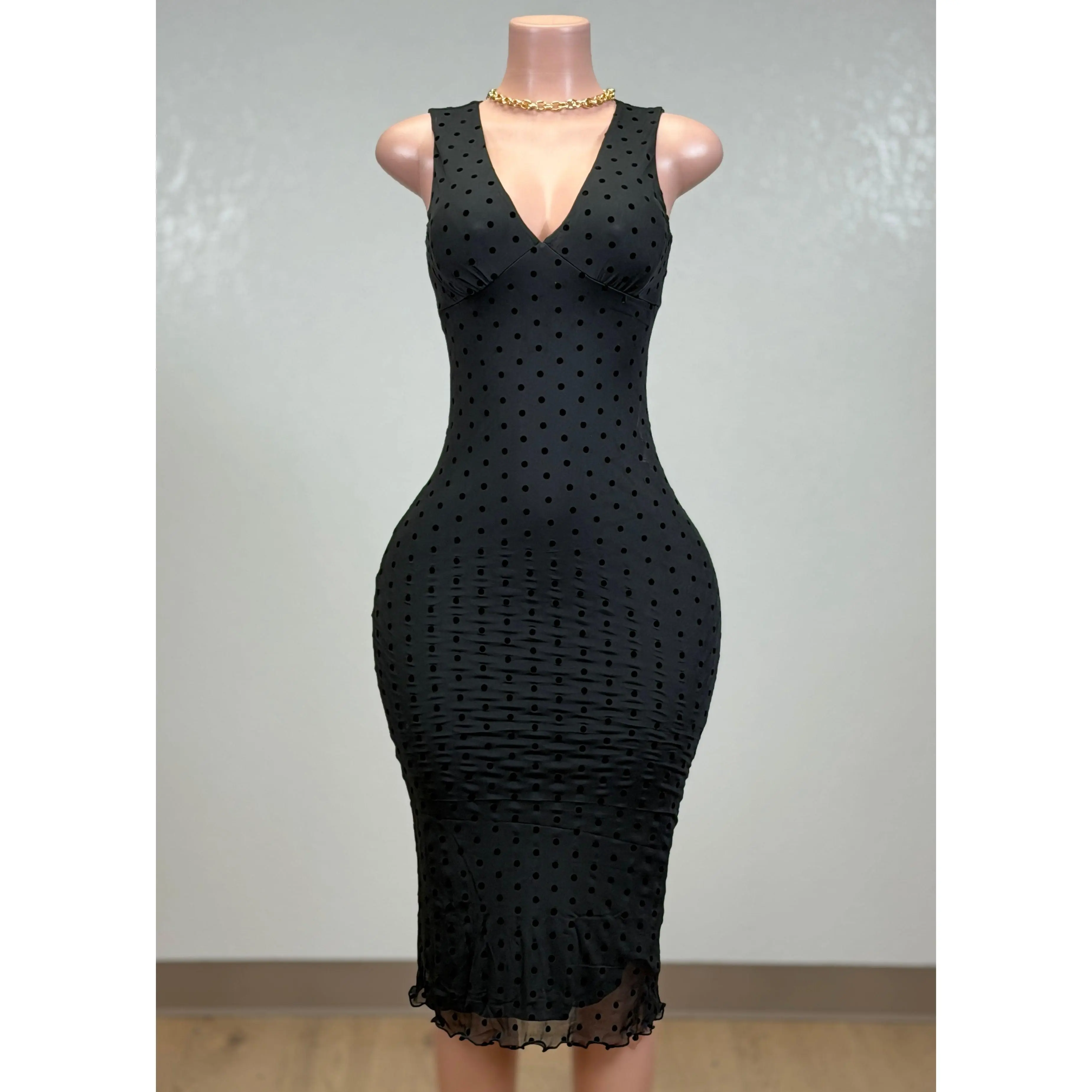 POPPY BLACK POLKA DOTS BODYCON MIDI DRESS