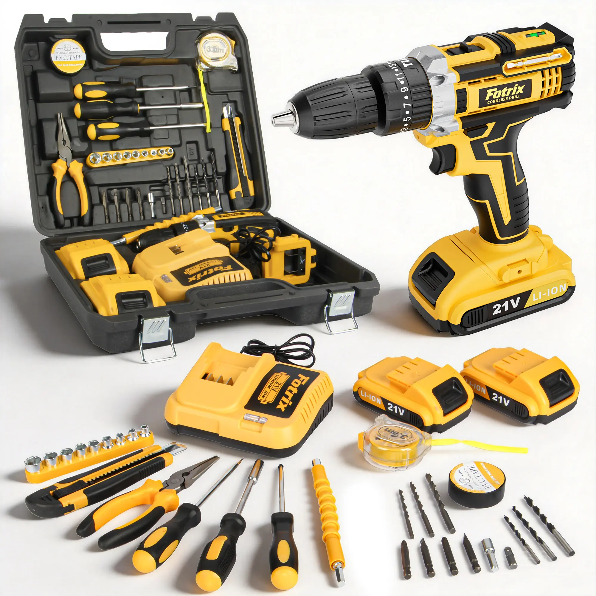 Fotrix 21V Lightweight Rechargeable Lithium Cordless Drill Driver Power Tool Kit - 2 Batteries, Hex Shank Tool, Screwdriver Set for Home Repair, DIY Projects, Rechargeable Cordless Drill