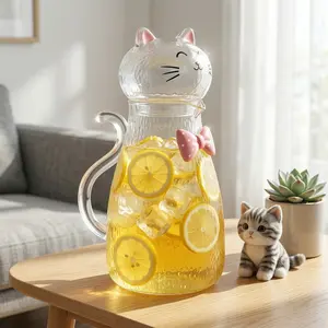 1.8 Liter 60 oz Cat-shaped  Glass Pitcher with Lid and Handle, Glass Carafe for Hot/Cold Water, Large Iced Tea Pitcher for Coffee, Juice and Homemade Beverage
