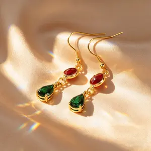 Double Drop Earrings 18k Gold Plated Hoop Earrings Small Emerald Earrings Gift for Women Mother's Day Gift for Wife Vintage Jewelry