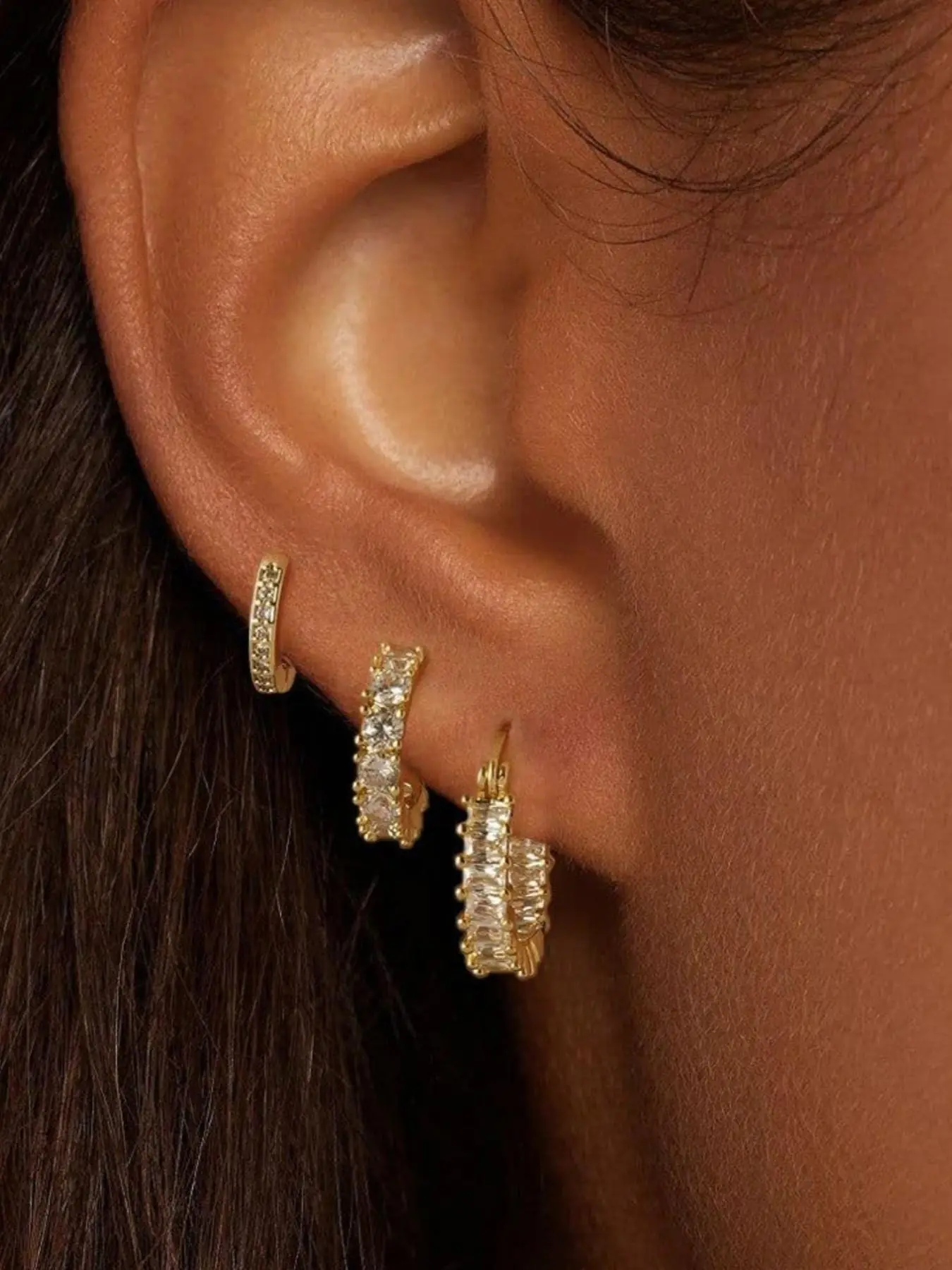 3 pairs of women’s earrings: 14K gold-plated cubic zirconia with rhinestones, chunky small hoop earrings, and hoop stud earrings; everyday jewelry, gift