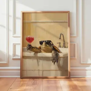 Quirky Tropical Turtle Wall Art Print, Spa Animal Decor for Bathroom, Fun Bathroom Poster, Room Decor, Unframed