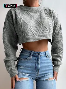 Women's Plain Textured Crop Sweater, Casual Long Sleeve Round Neck Jumper, Sweaters for Women, Women's Spring & Fall Knit Clothing for Daily Wear Fall Sweater Knitwear