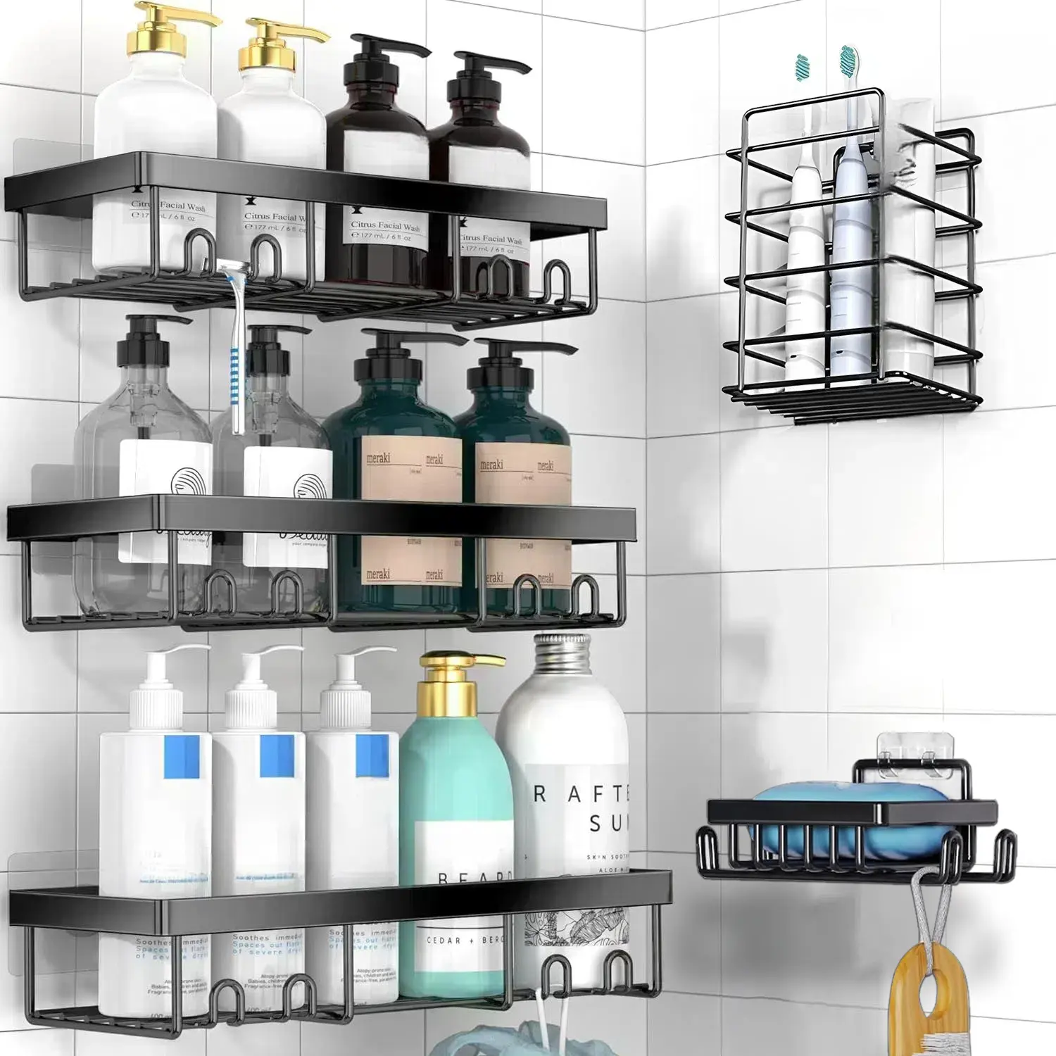 Jabukosu Matte Gold Stainless Steel Shower Caddy Set - 5-Pack & 1-Pack Wall-Mounted Shower Organizer Shelves, No-Drill Waterproof Adhesive Bathroom Accessories for Shampoo & Soap