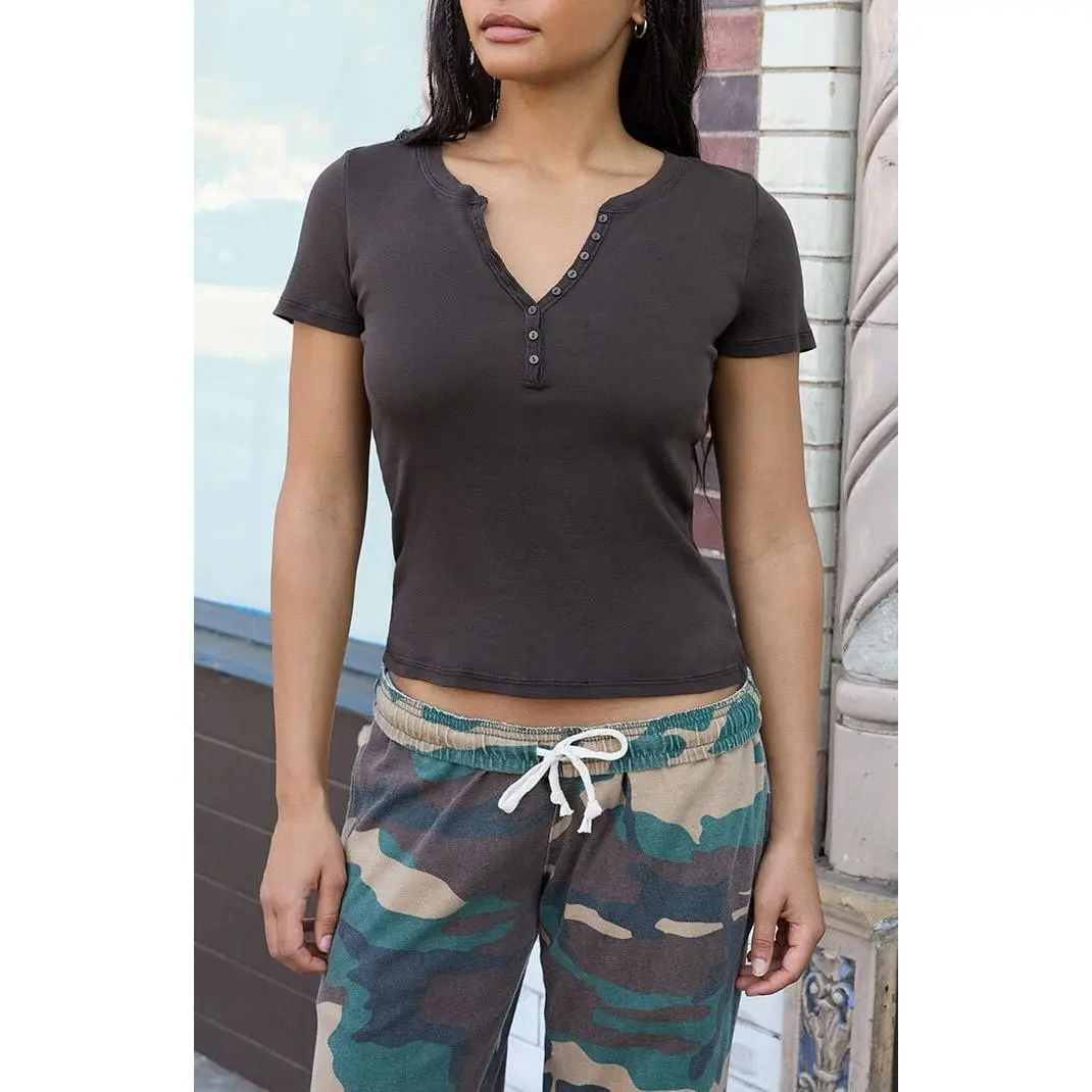 John Galt Women's Brown Henley Short Sleeve Top