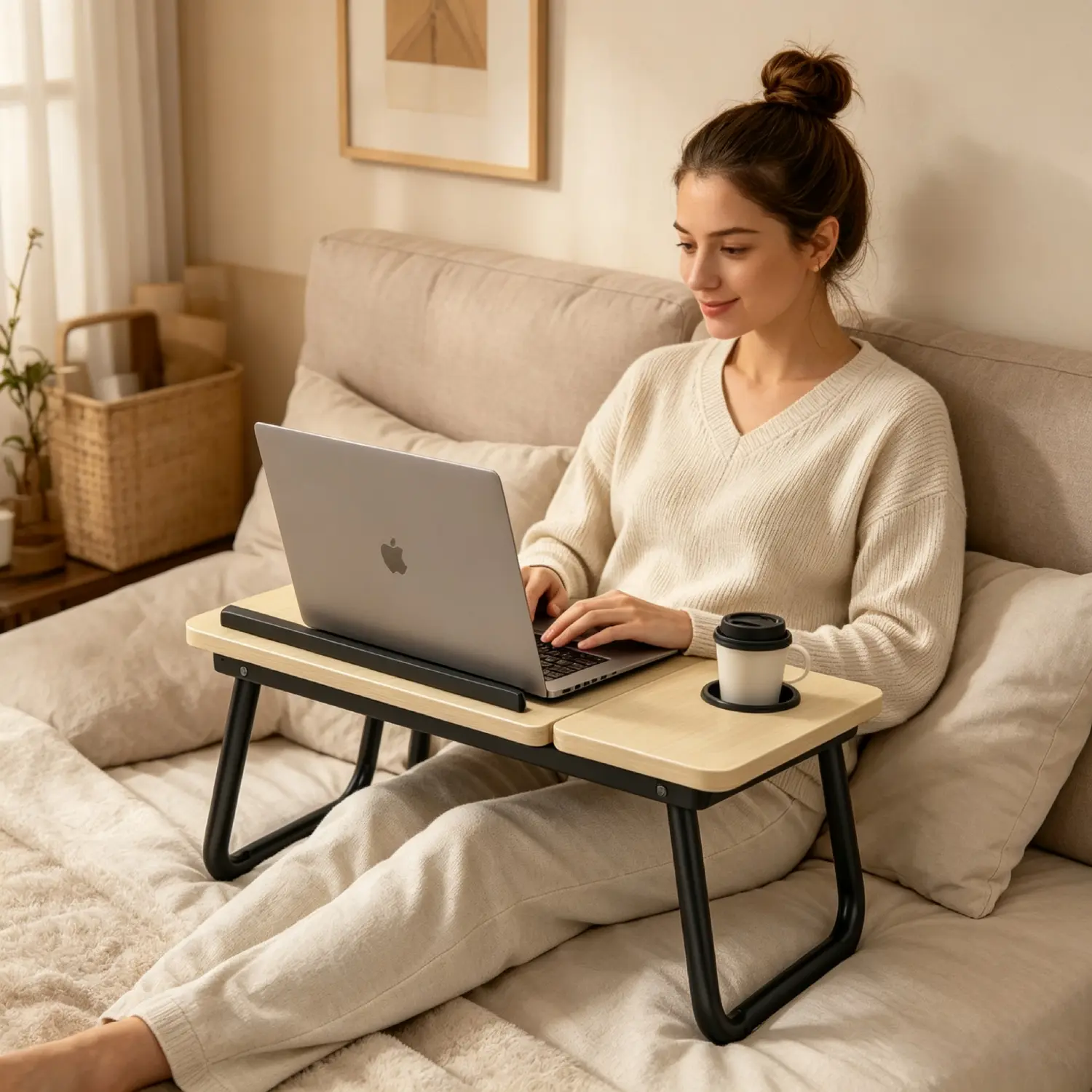 Adjustable Bed Tray Table with Cup Holder, Foldable Laptop Lap Desk for Bed, Couch & Sofa, Work, Study, Reading & Eating