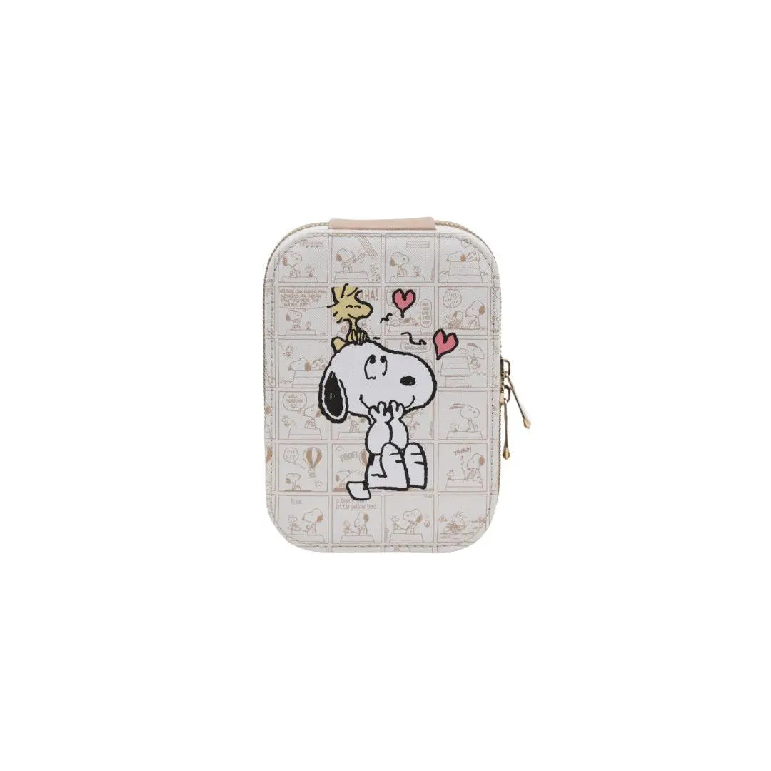 Peanuts Snoopy Travel Organizer with LED Mirror Faux Leather Case for Beauty Essentials & Jewelry USB-C Rechargeable with Tri-tone Lighting
