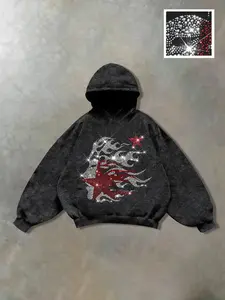 Men's Autumn Casual Hoodie, Sweatshirts, Graphic Rhinestone Flame Stars, Long Sleeve, Fitted, Pockets, Drawstring, Spring & Fall