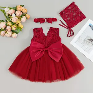 Baby girl Dresses Baby Flower Girl Dress Infant Formal Wedding Party Gown Newborn Prom Dress Bow Lace Embroidery Princess Dresses Toddle girl Frock 1 Year Birthday With Headwear And Bonnet Christmas Halloween Outfit