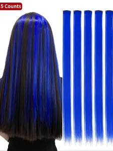 5 Pcs Red/Blue/Pink/Wine Red Clip-In Hair Extensions, 20 Inch Long Straight Synthetic Hairpieces, Soft Colored Hair Pieces for Halloween Cosplay, Dress Up and Fashion Parties