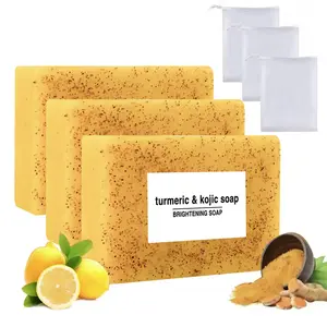 Lemon Turmeric KojicAcid Soap | Natural Organic Turmeric Facial Body Soap Tightens Pores, Uniforms Skin tone, Brightens Skin Care Soap Deep Cleansing ( Free Bubble Net), Turmeric Bar Soap, Brightening Soaps