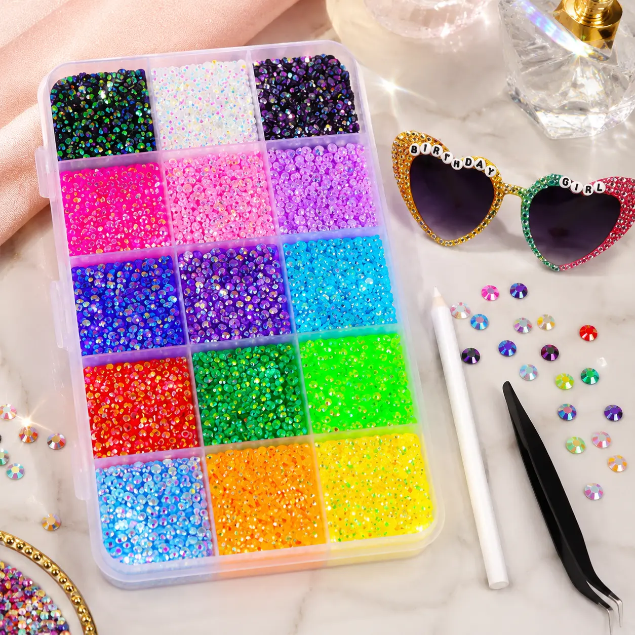 15-Colors Resin Rhinestone Decorating Kit,Cheap Bedazzling Kit,DIY Crystal Beads Art Set with Glue&Tools,Multi-Color Gemstones for Nail Art,Phone Cases,Crafts&Face Decoration
