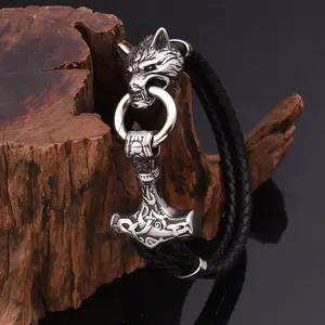 GTHIC Viking Wolf Head Stainless Steel Leather Bracelet for Men Statement Jewelry Daily Wear