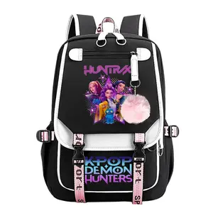 KPop Demon Hunters Trendy Youth Laptop Backpack,11.4''×18.1'' Large Capacity Multi Pocket School Bag with Pom Pom Charm, Adjustable Breathable Straps Perfect Back To School Gift