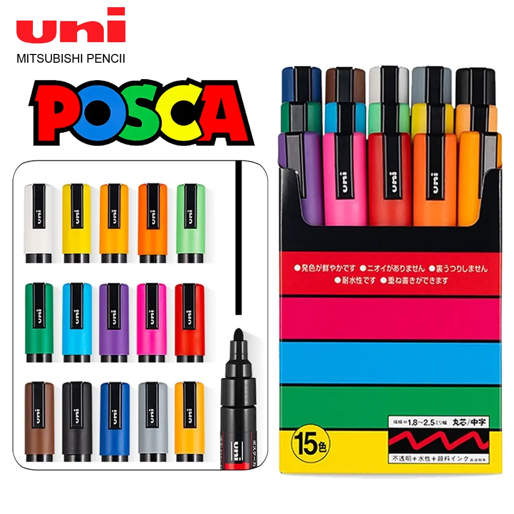 15pcs/set UNI POSCA Marker Pens for Medium Font PC-5M POP Advertising Color Painting Graffiti Office Supplies Stackable Color